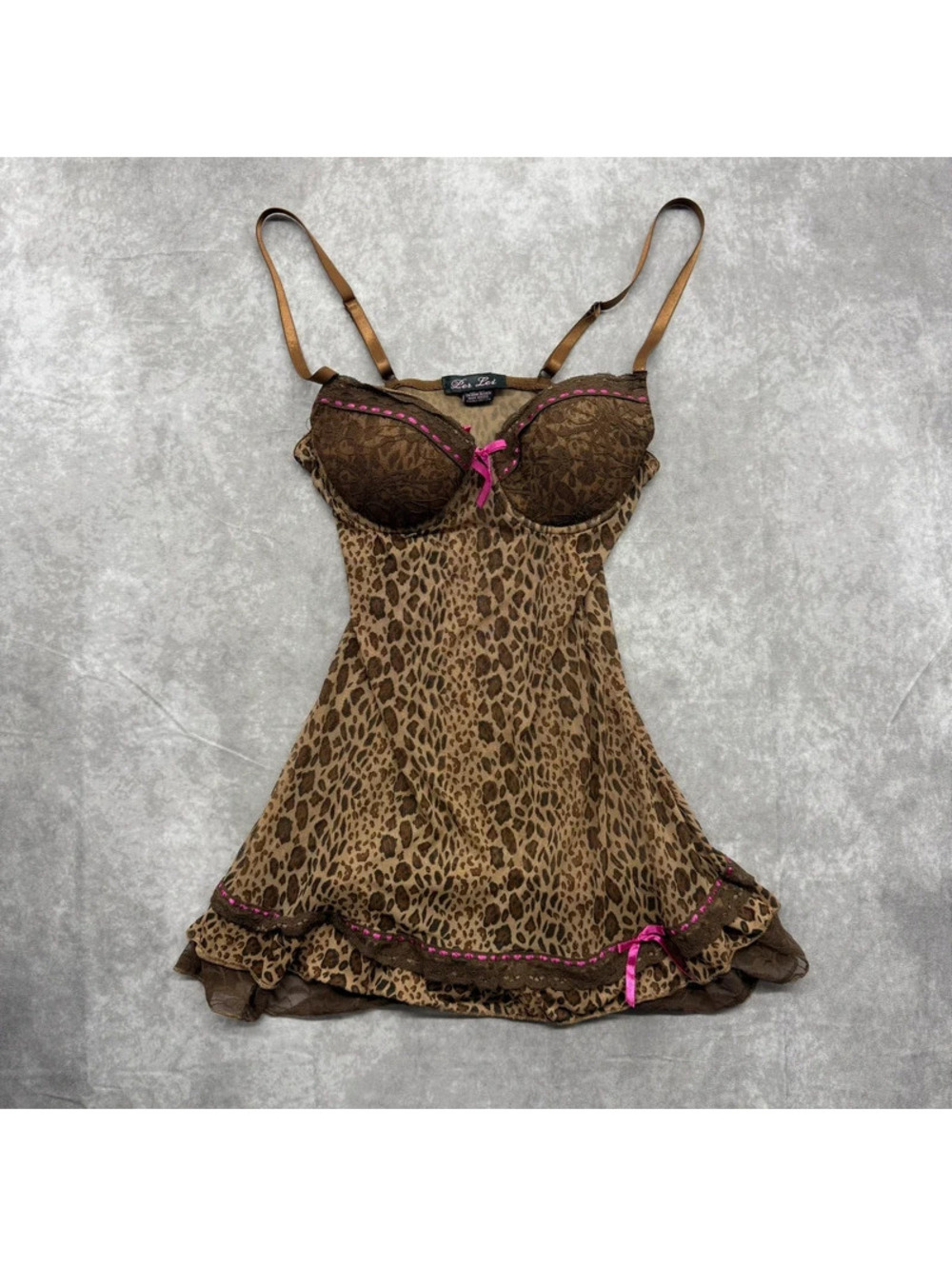 Vintage Women's Per Lei Leopard Mesh Babydoll Slip Tank Top Pink Bow Medium